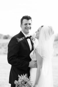 black and white portrait of bride and groom at cherry barc farms